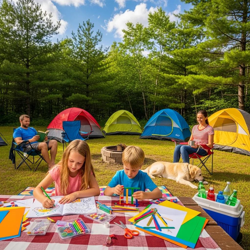 Family enjoying outdoor activities at Ridge Ranch Campground, showcasing crafts and relaxation