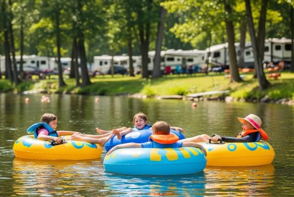 Family enjoying river floating at a Michigan campground with colorful tubes and lush greenery