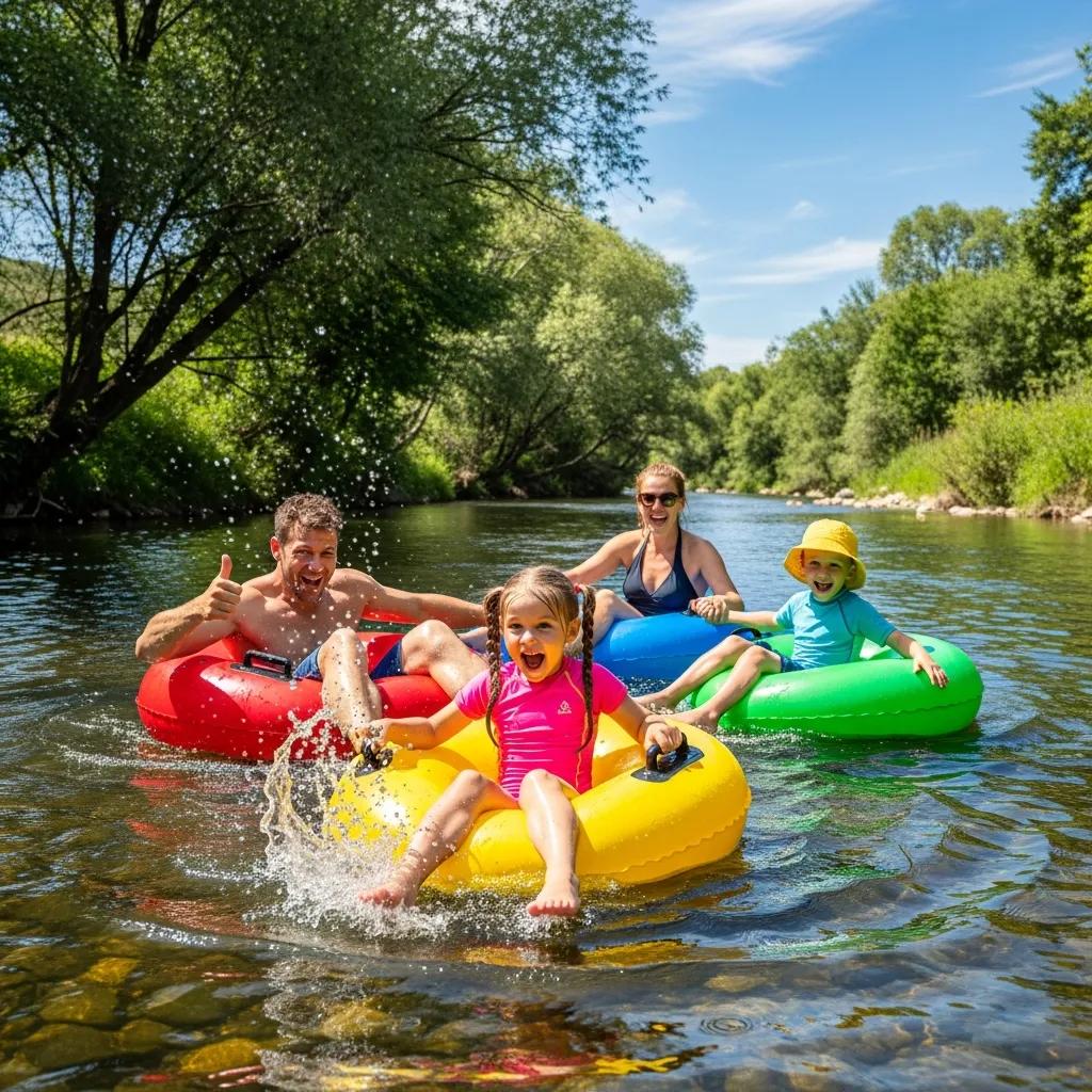 Family enjoying river tubing on a sunny day with colorful tubes and lush surroundings