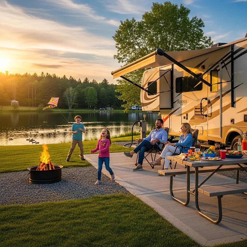 Family enjoying RV camping at a full-hookup campground near Youngstown