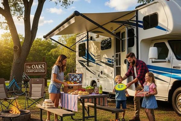 Family enjoying RV camping at The Oaks Campground in a natural setting