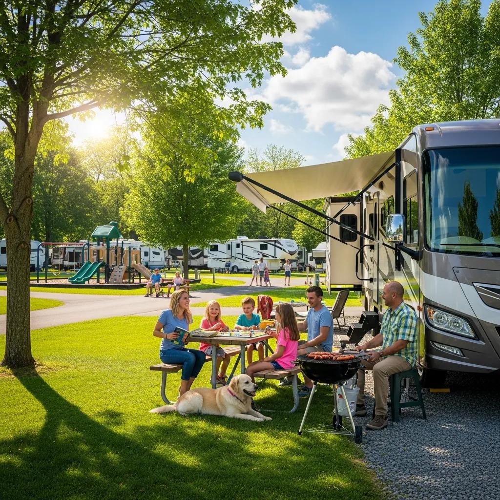 Family laughing outside their RV in a green Pennsylvania campground with a playground and outdoor activities