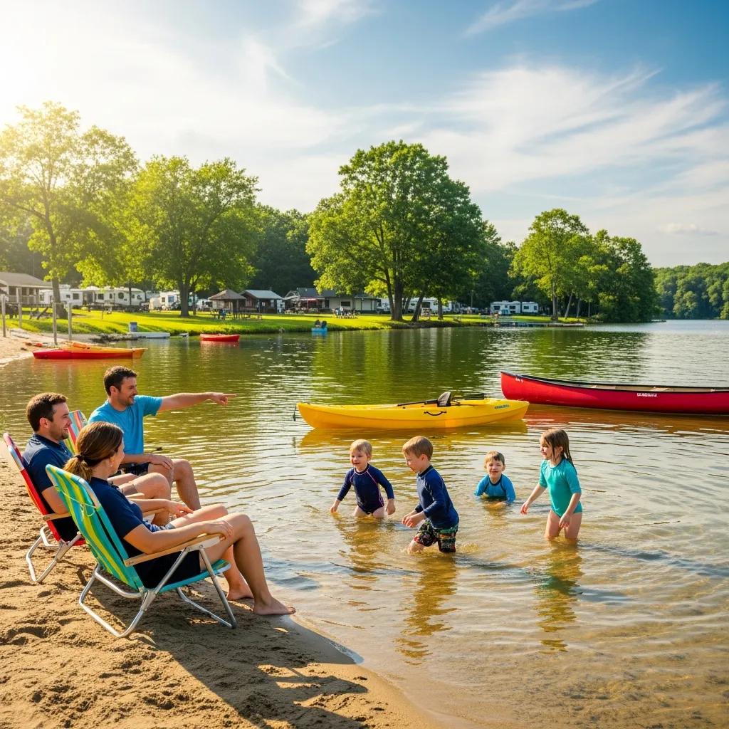 Family paddling and playing on a lake at Ridge Ranch Campground