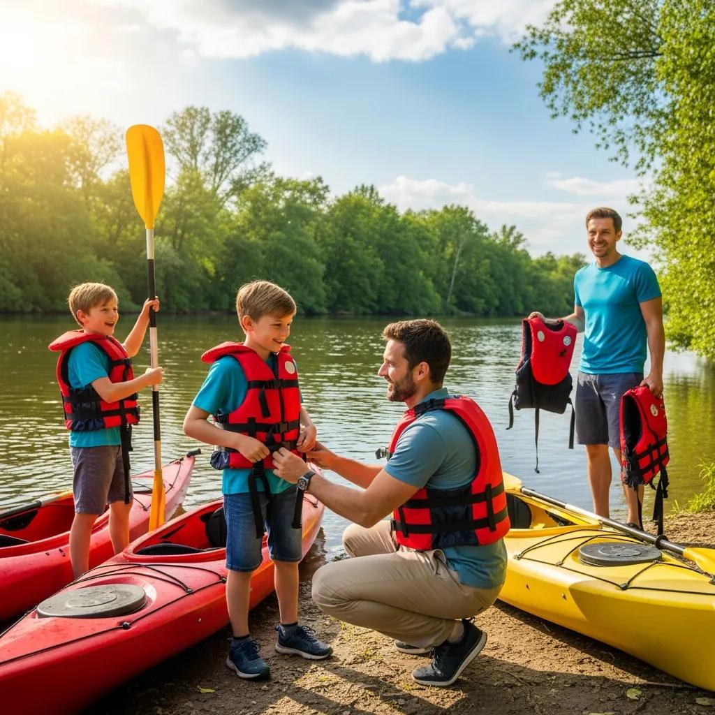 Parent checking child's life jacket for proper fit before kayaking at Walnut Hills