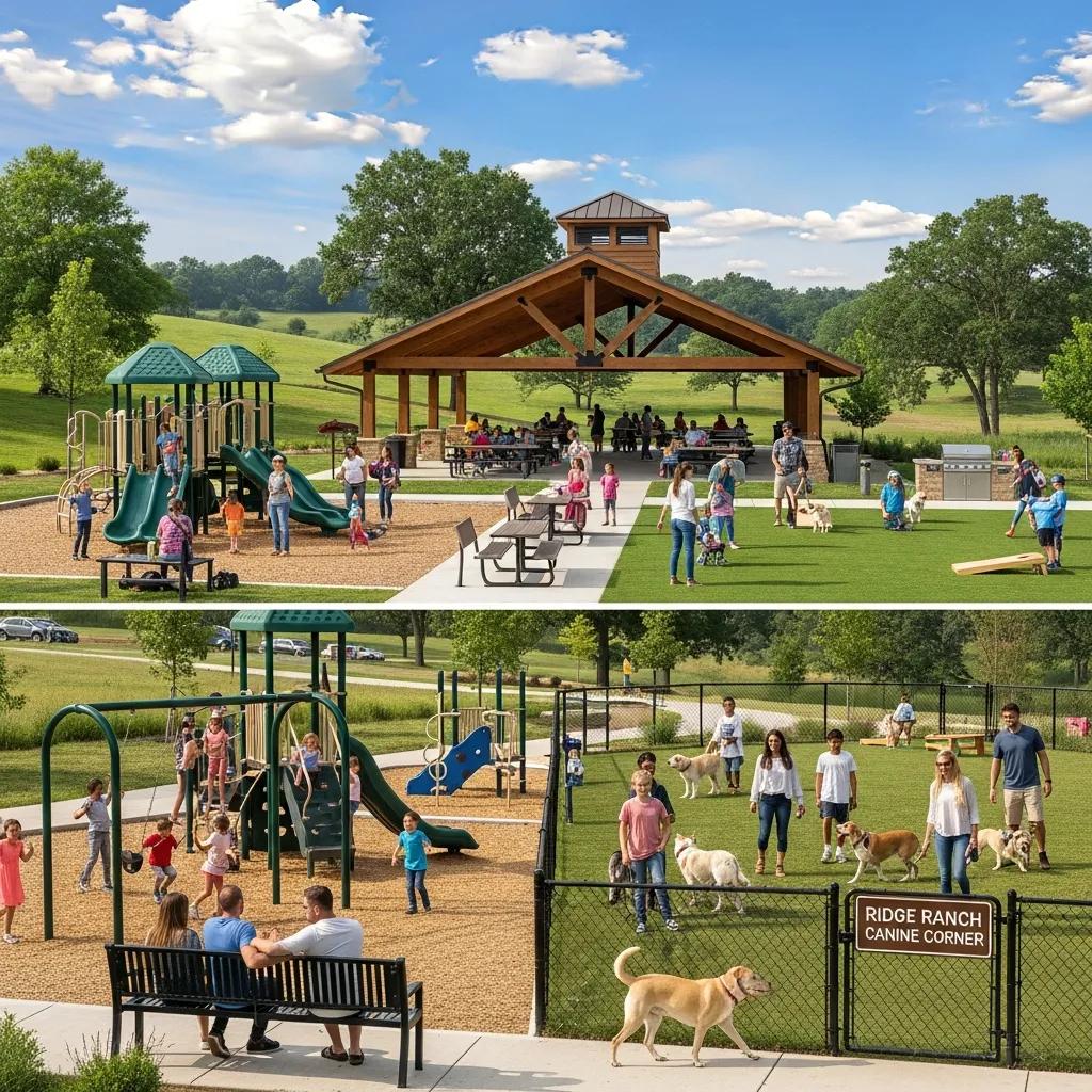 Playgrounds, pavilions, and family-friendly spaces at Ridge Ranch Campground