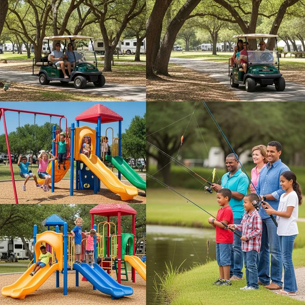 Family-friendly amenities at The Oaks Campground, showcasing playgrounds, fishing pond, and golf cart trails