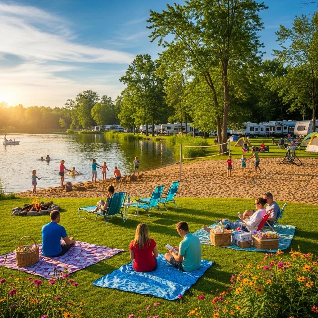 Family-friendly campground with a lake and sandy beach, showcasing outdoor activities