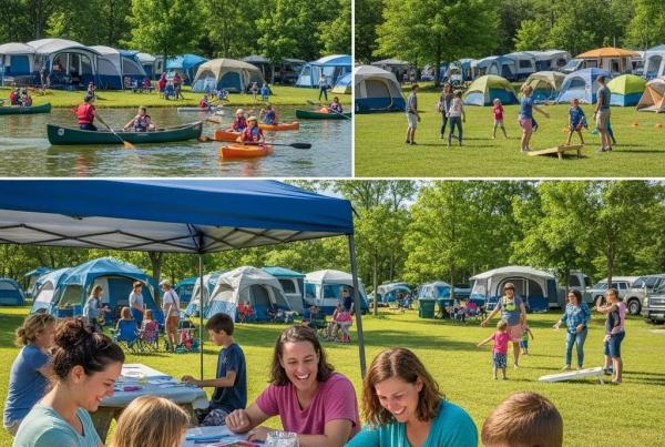 Family-friendly camping activities at Walnut Hills Campground, featuring canoeing and outdoor games