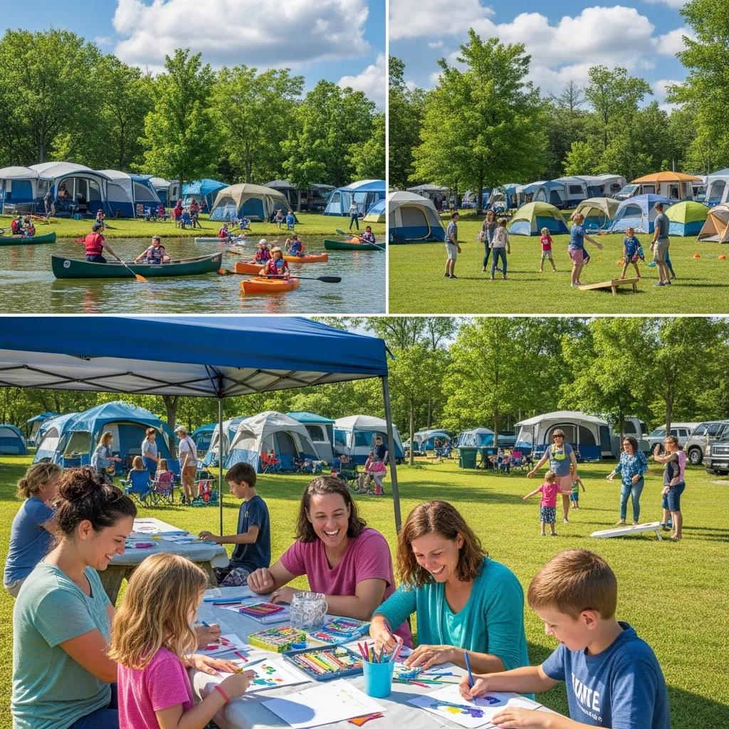 Family-friendly camping activities at Walnut Hills Campground, featuring canoeing and outdoor games
