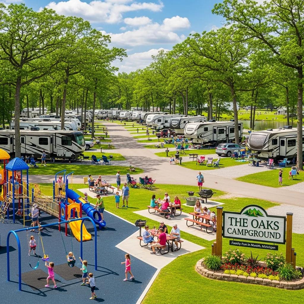 Family-friendly camping scene at The Oaks Campground with children playing and families enjoying outdoor amenities