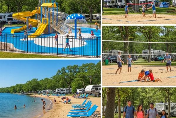 Family-friendly camping scene at The Oaks Campground with water attractions and outdoor activities