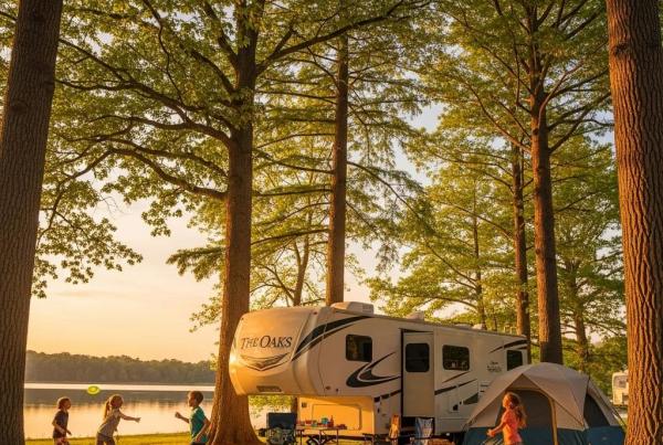 Family-friendly campsite at The Oaks Campground with RV and tent under trees