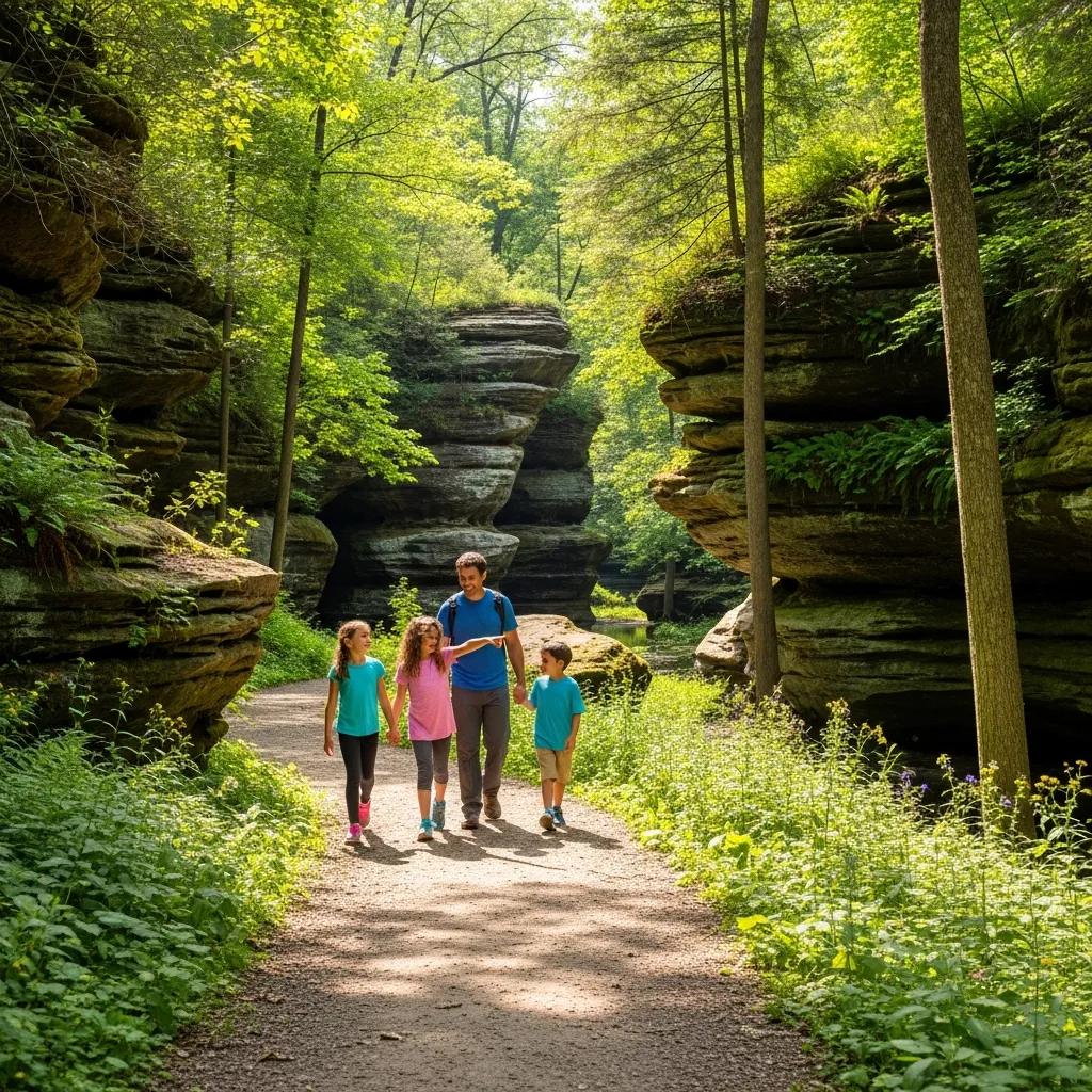 Family hiking a gentle trail with rock formations visible in the distance