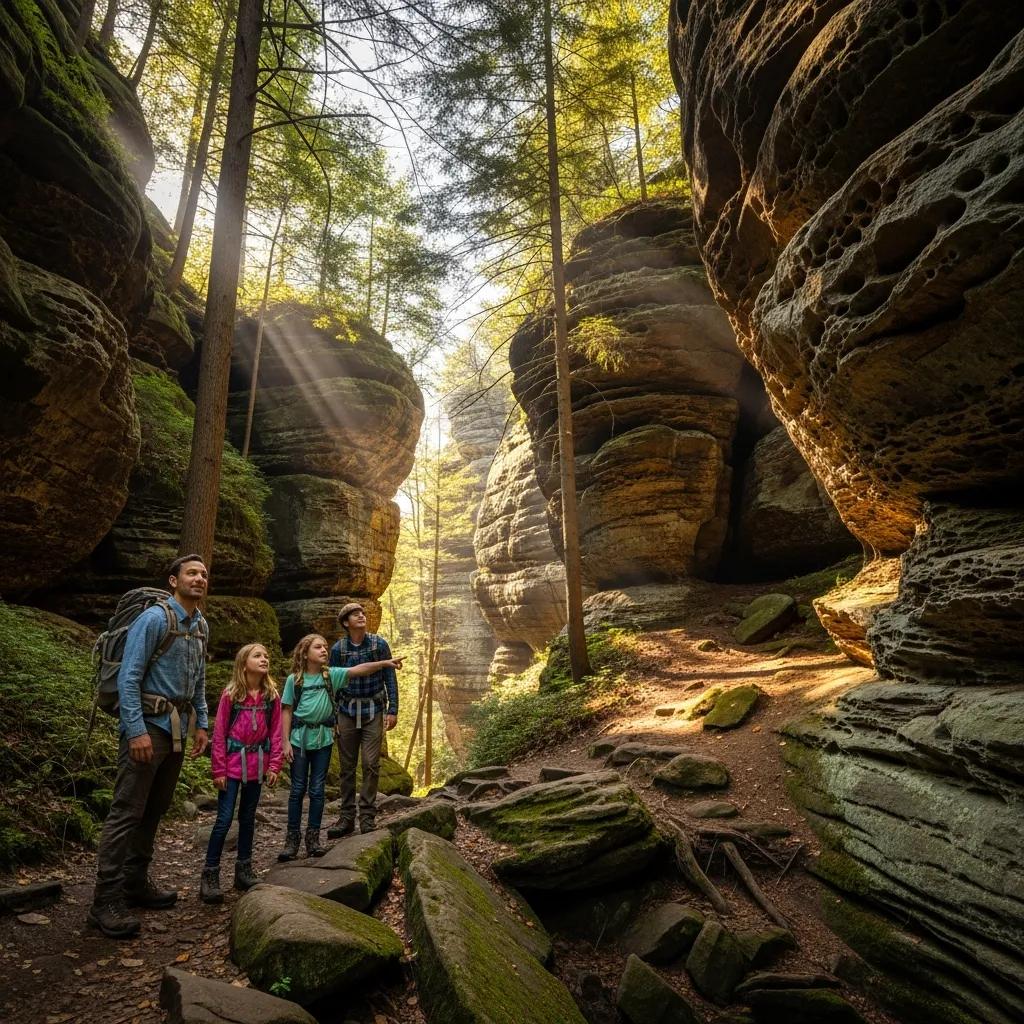 Hikers on the Devil's Icebox trail at Nelson Ledges