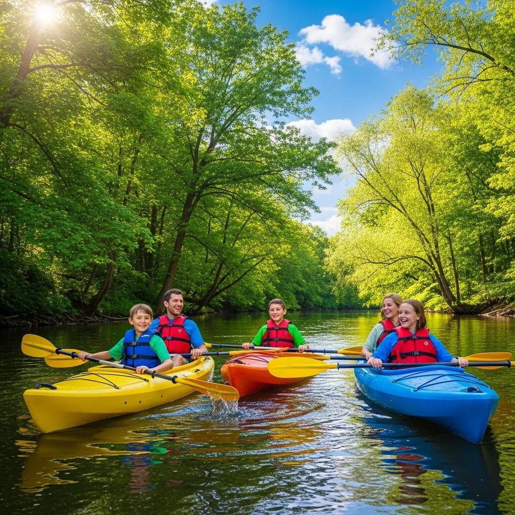 Family kayaking on the Shiawassee River, highlighting outdoor adventure and fun