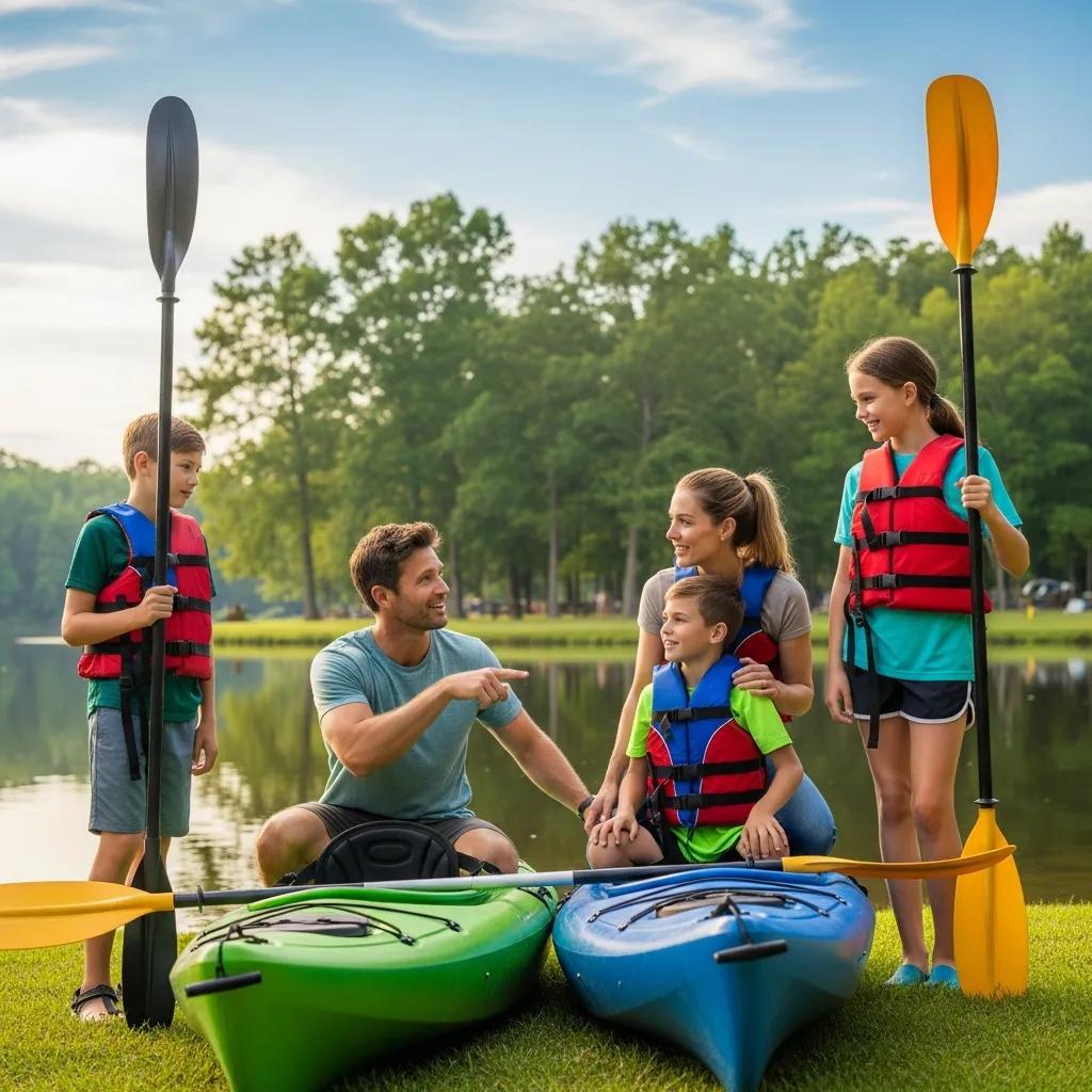 Family preparing for a safe kayaking trip at Walnut Hills Family Campground