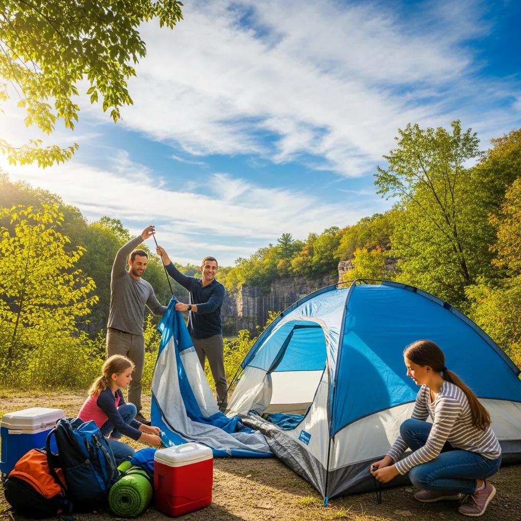 Family pitching a tent at Nelson Ledges Quarry Park with a scenic backdrop