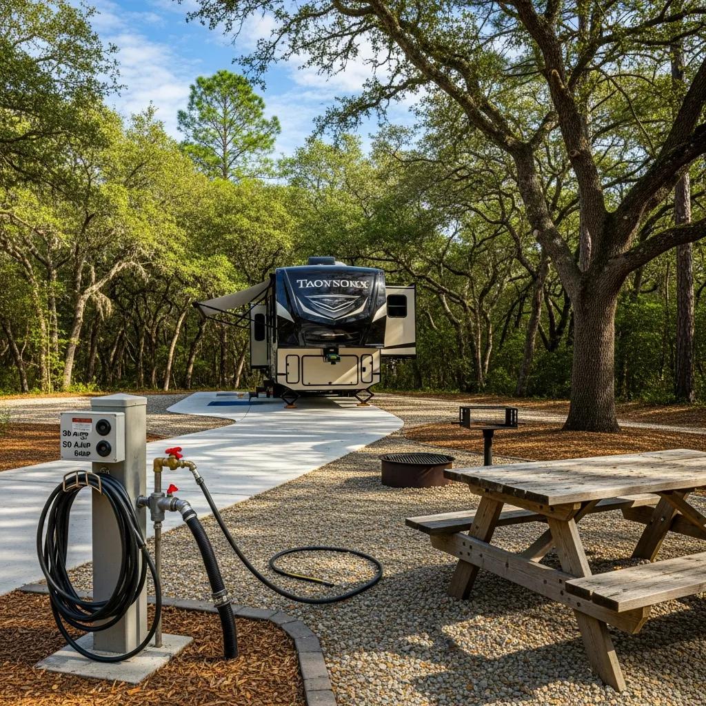 Site with full hookups: water, electric, and sewer at The Oaks Campground