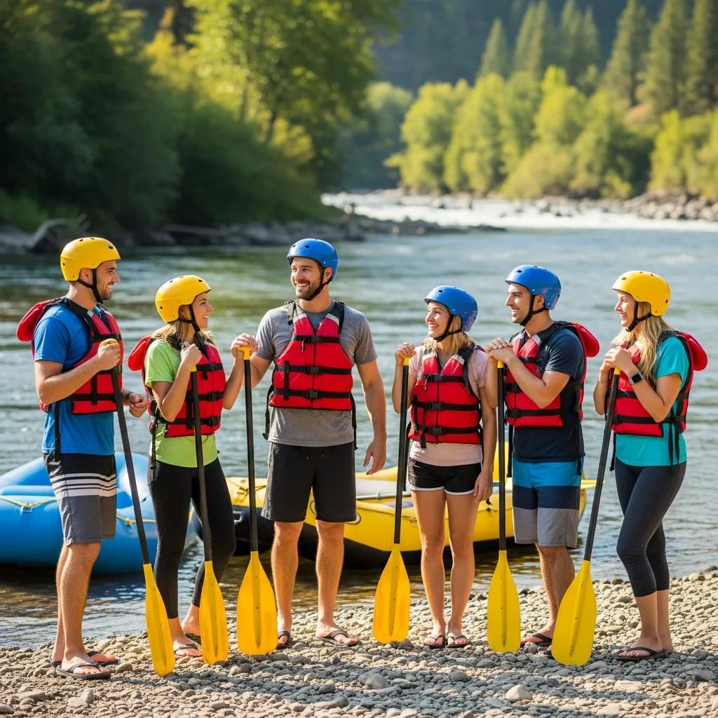 Group gearing up with life jackets for a river float at Walnut Hills