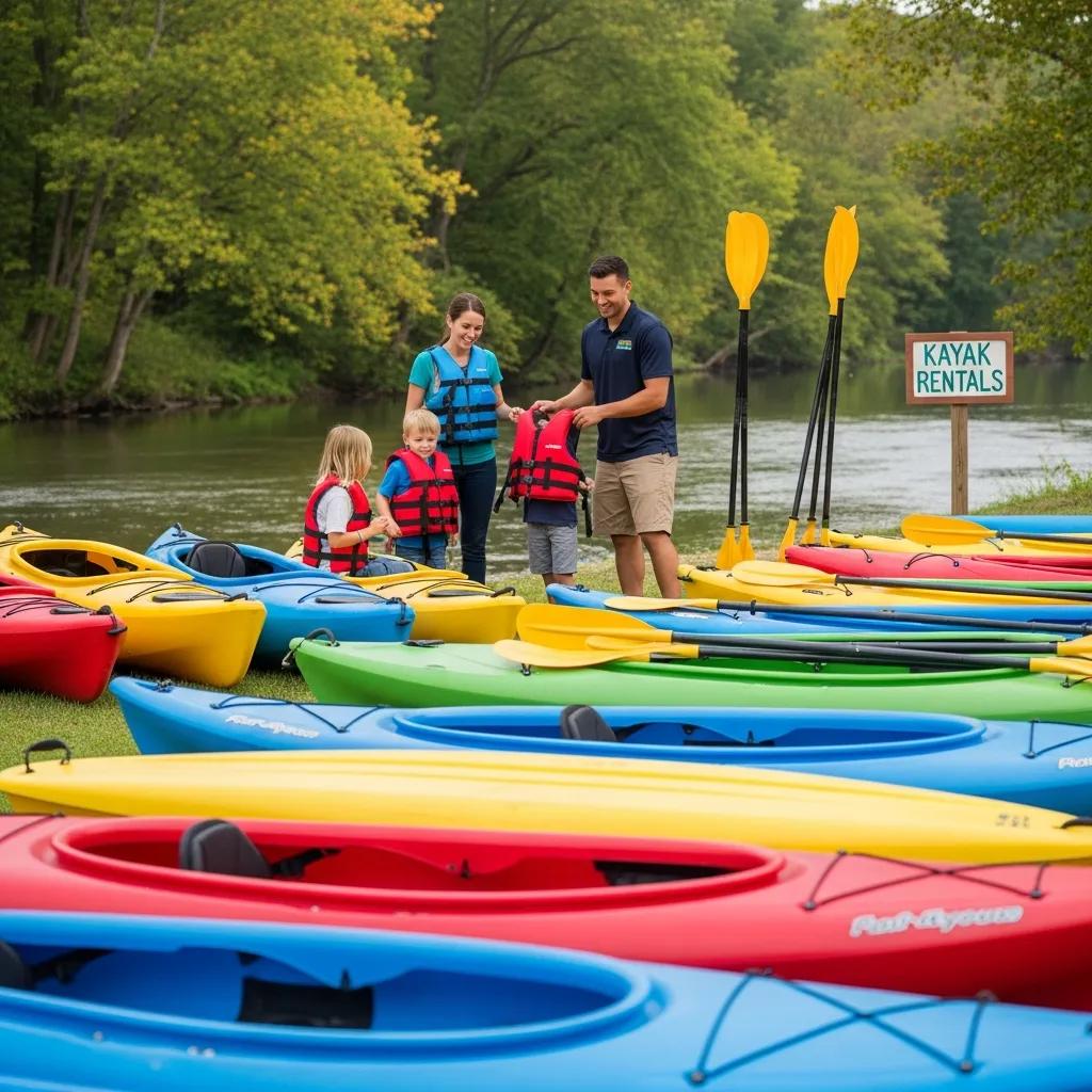 Walnut Hills kayak and canoe rental area next to the Shiawassee River, showing easy access and family-friendly gear