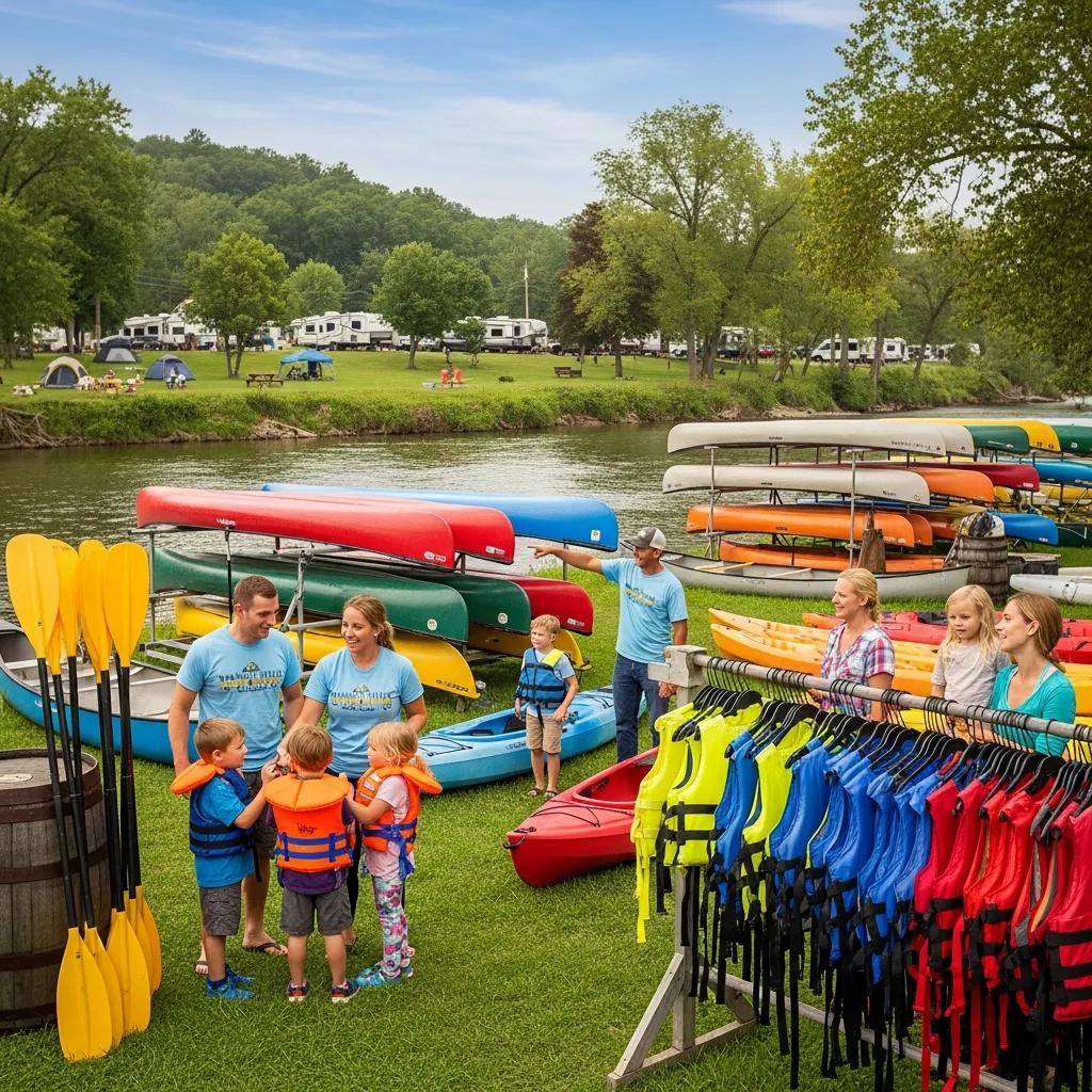 On-site canoe livery service at Walnut Hills Family Campground with kayaks and friendly staff