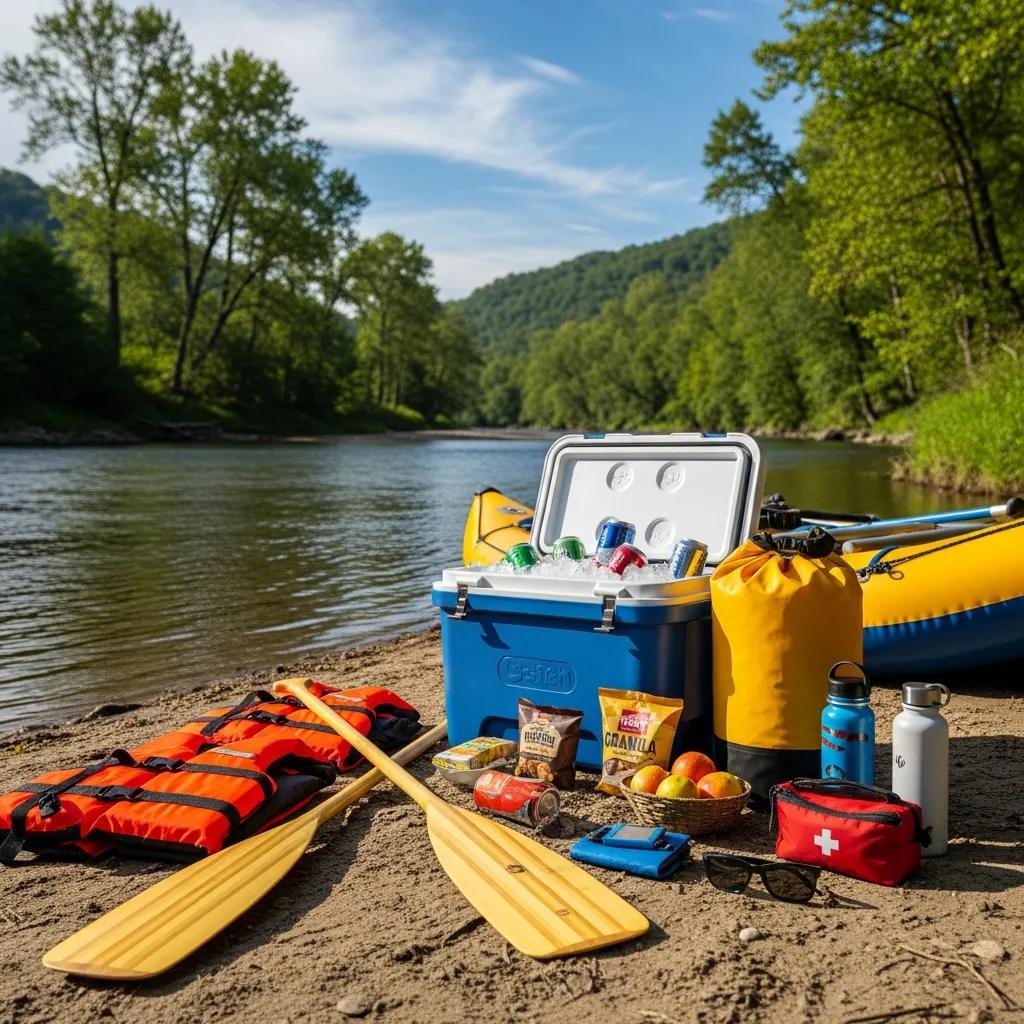 River trip gear laid out: life jackets and paddles