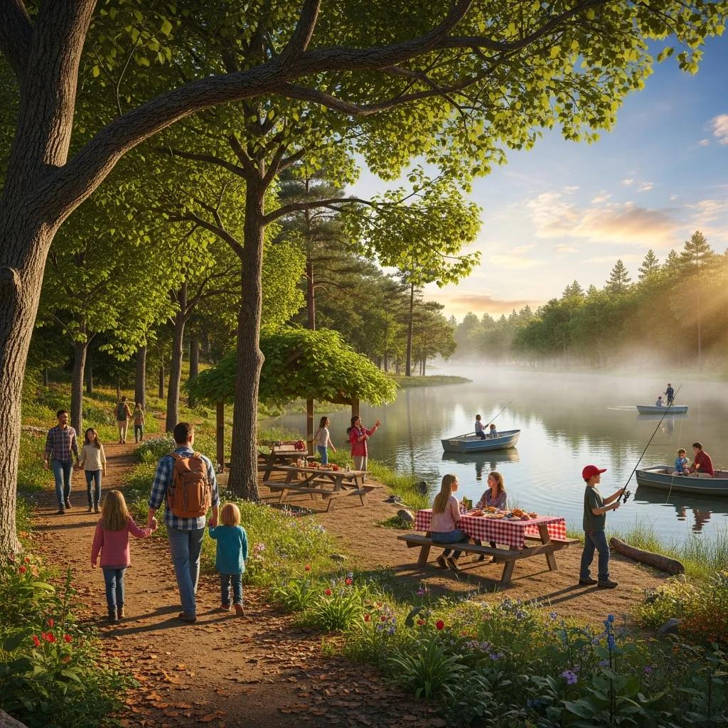 Campers enjoying trails, fishing, and picnics at The Oaks Campground surrounded by trees and water