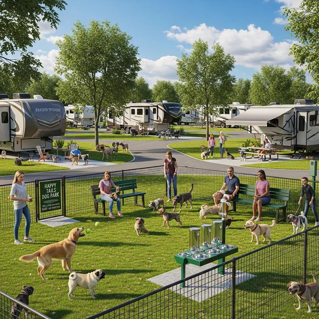 Dog running in a fenced dog park at a pet‑friendly Pennsylvania RV campground