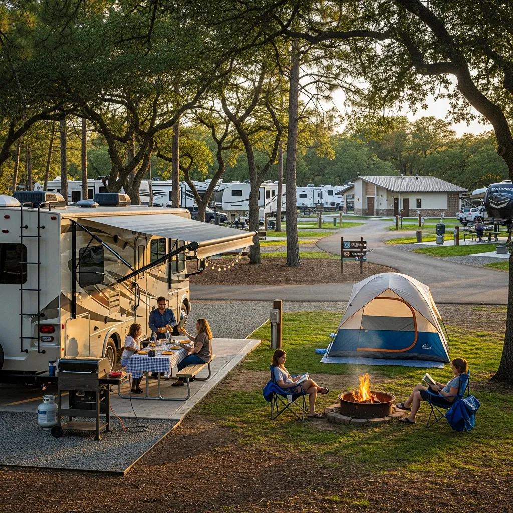 RV and tent sites surrounded by trees at Ridge Ranch Campground