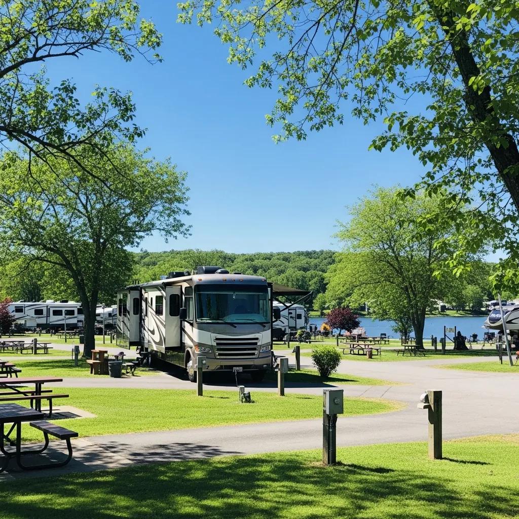RV at The Oaks Campground surrounded by nature, highlighting the camping experience
