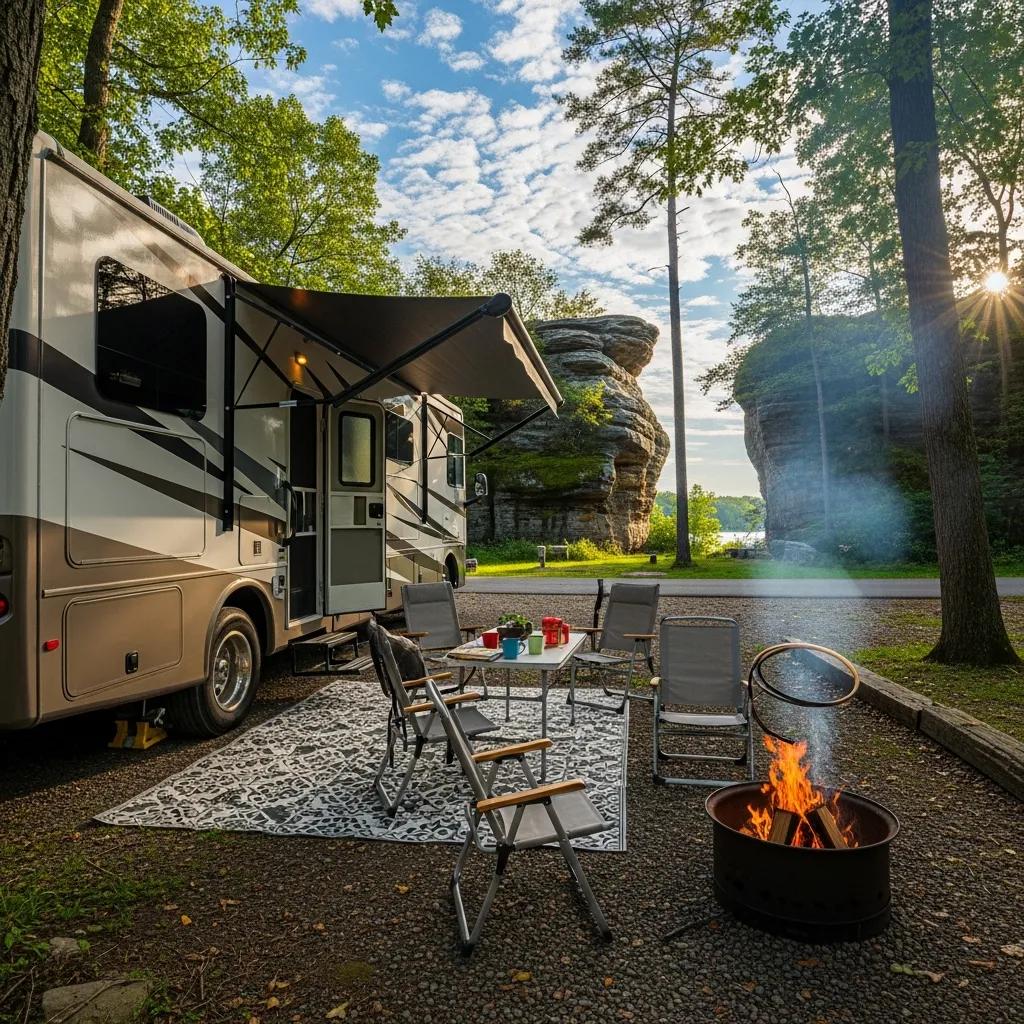 RV at a Nelson Ledges campsite surrounded by woods