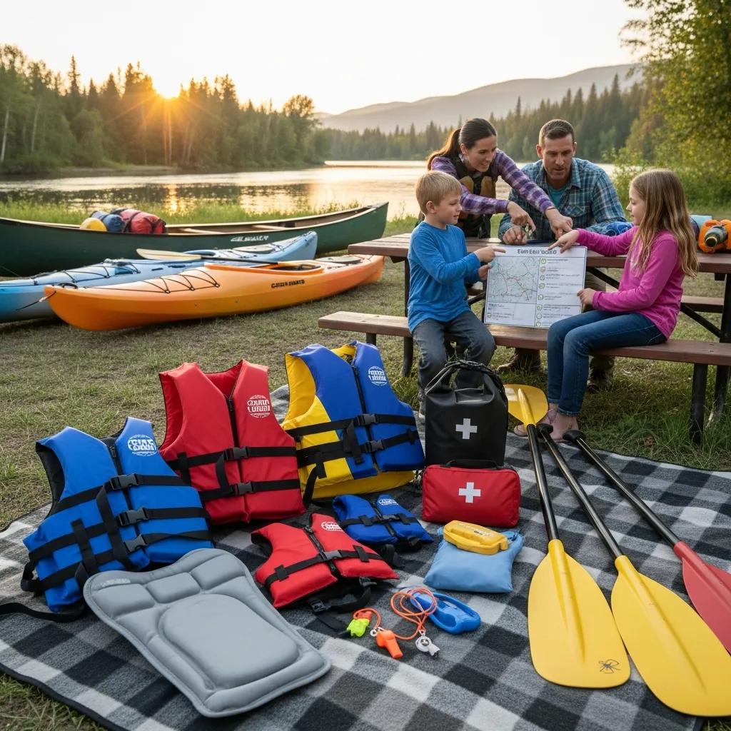 Life jackets and paddles laid out as safety gear for canoeing and kayaking at Walnut Hills