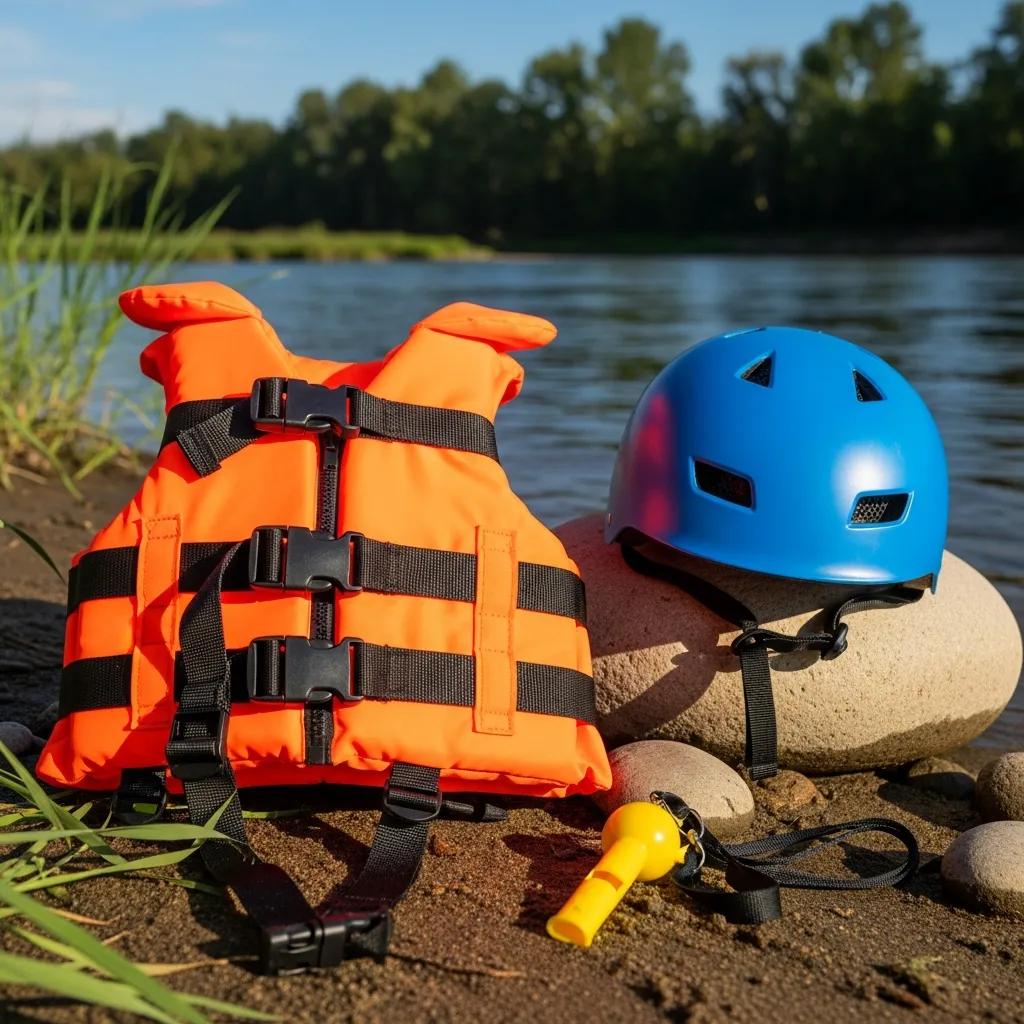 Children's life jacket, helmet, and safety whistle ready for tubing