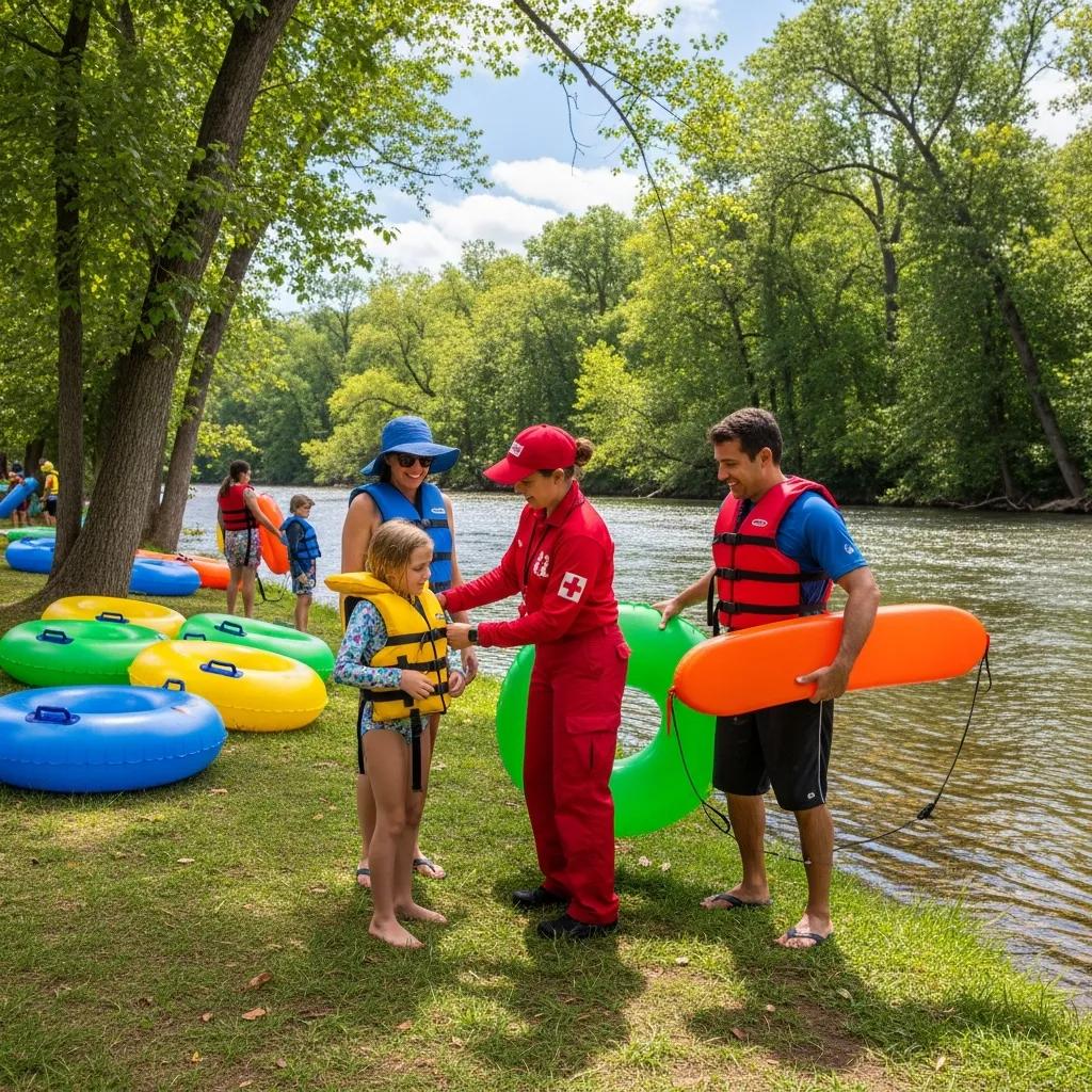 Team members helping guests fit life jackets before heading out on the river