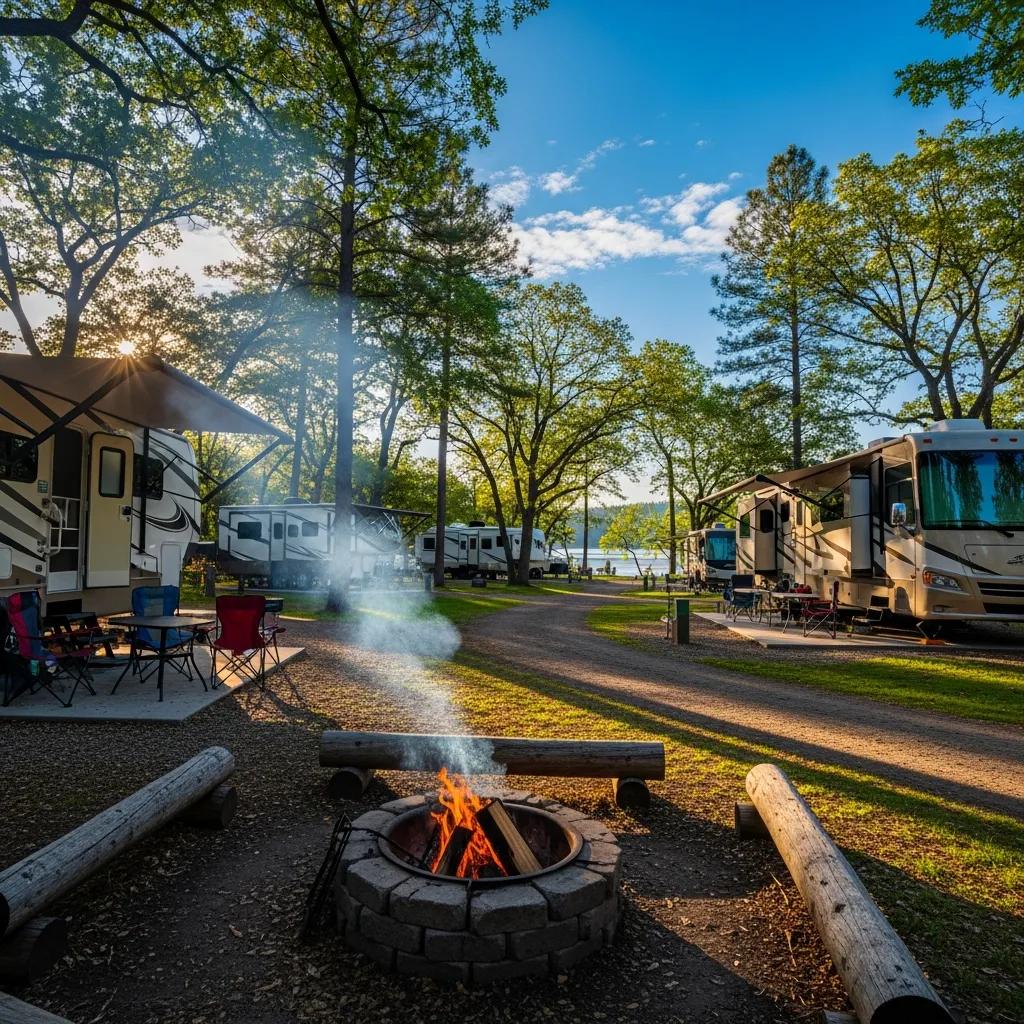 Scenic campsite with RVs and campfire, representing monthly campsite rentals