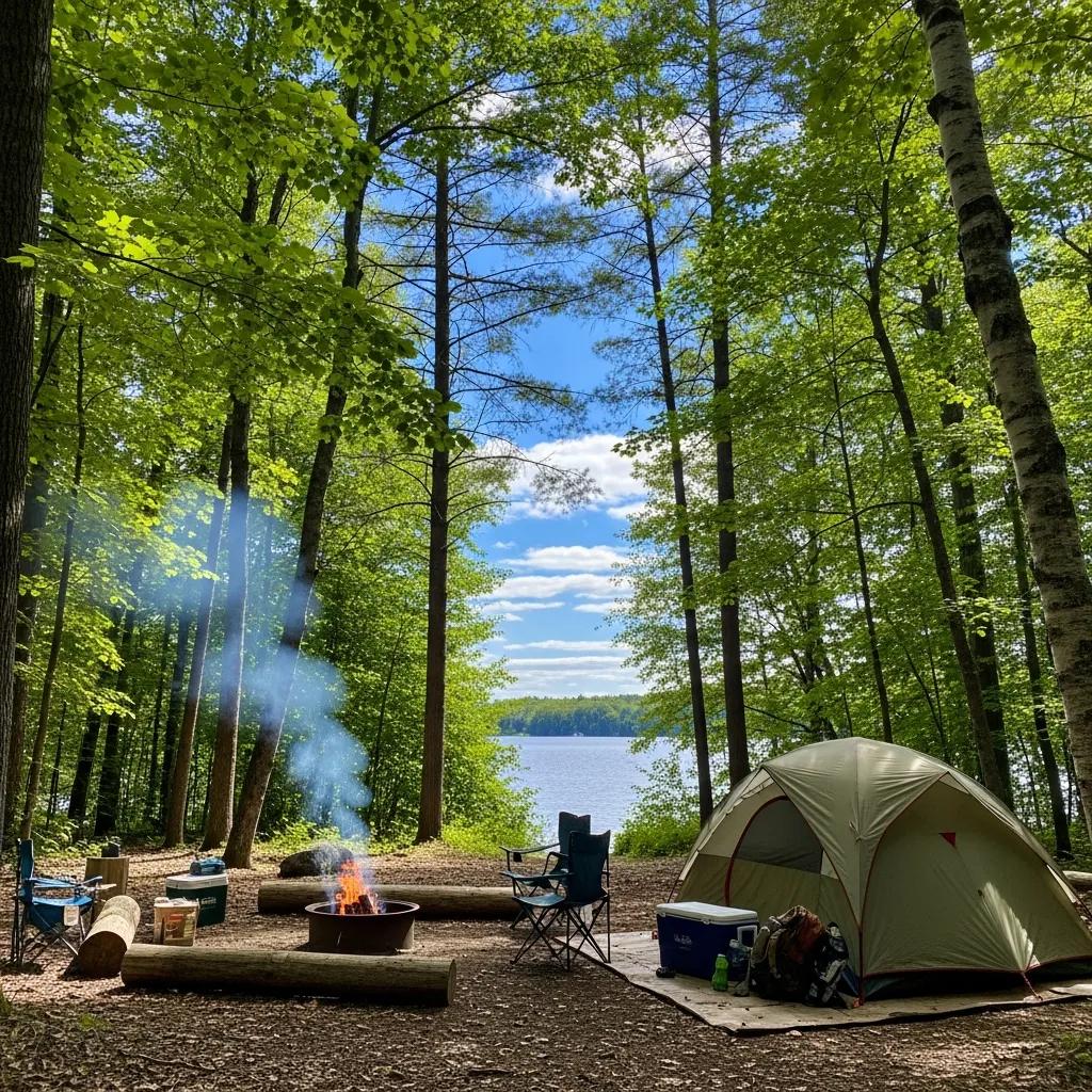 Scenic view of a Michigan campground with a tent and campfire, representing outdoor adventures