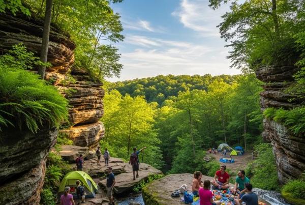Scenic view of Nelson Ledges State Park with campers enjoying outdoor activities