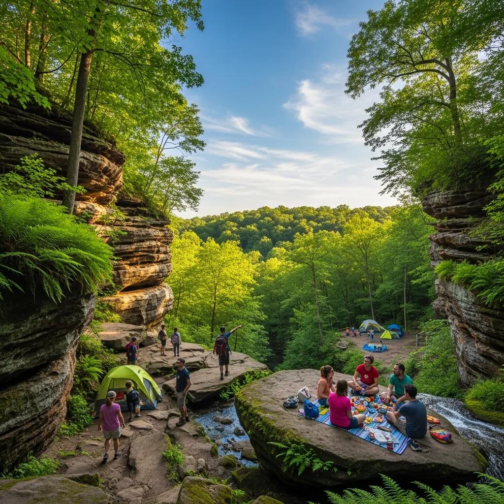 Scenic view of Nelson Ledges State Park with campers enjoying outdoor activities
