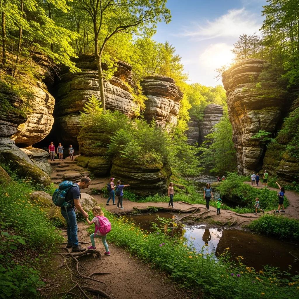 Nelson Ledges scenic rock formations with families hiking