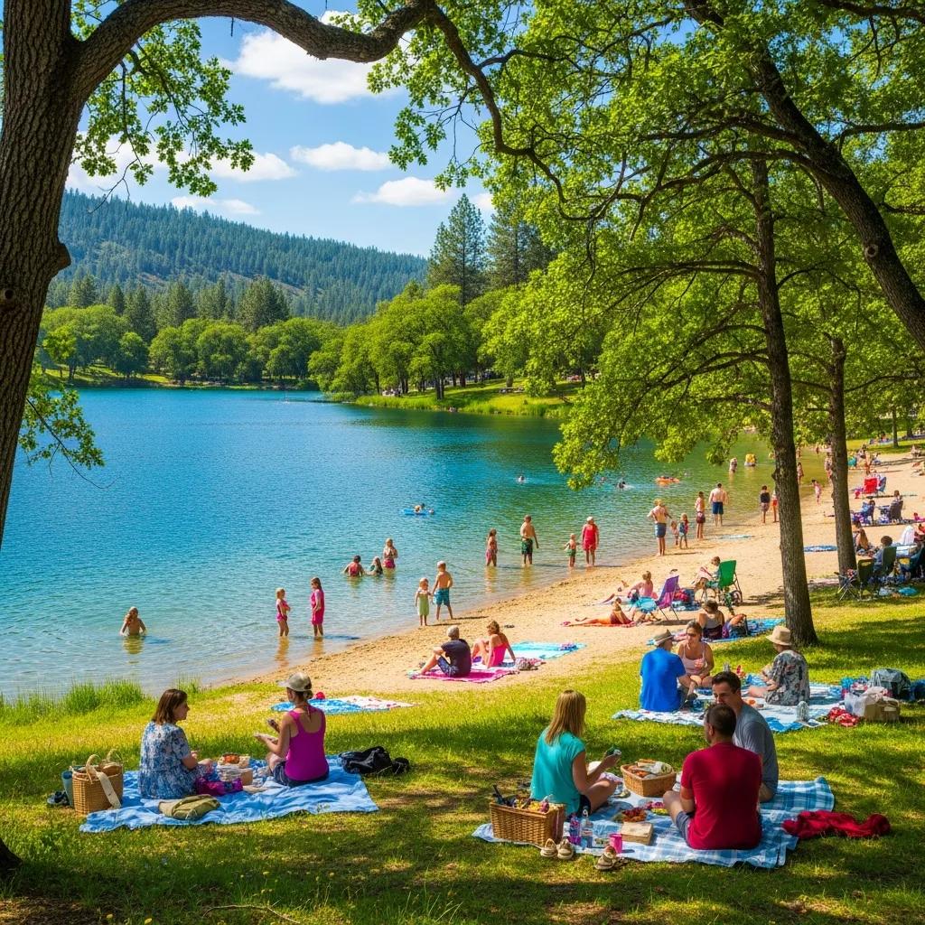 Scenic view of Ridge Ranch Campground with families enjoying the lakefront facilities