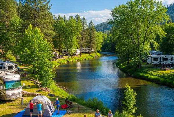 Scenic view of Rifle River Campgrounds with campers and RVs in a natural setting