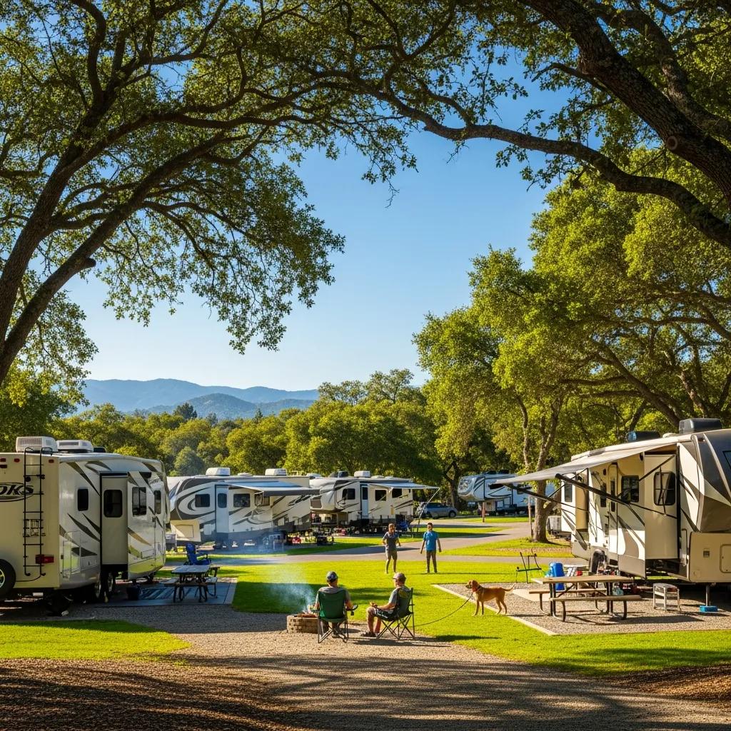 Scenic view of The Oaks Campground with RVs and lush greenery