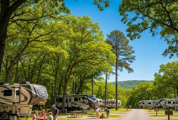 Scenic view of The Oaks Campground with spacious RV sites and natural surroundings