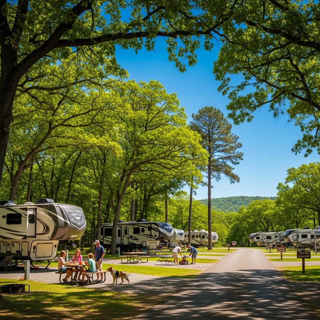 Scenic view of The Oaks Campground with spacious RV sites and natural surroundings