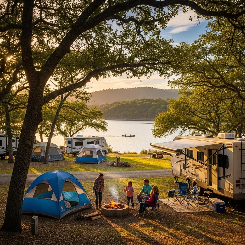 Scenic view of The Oaks Campground with tents and RVs in a natural setting