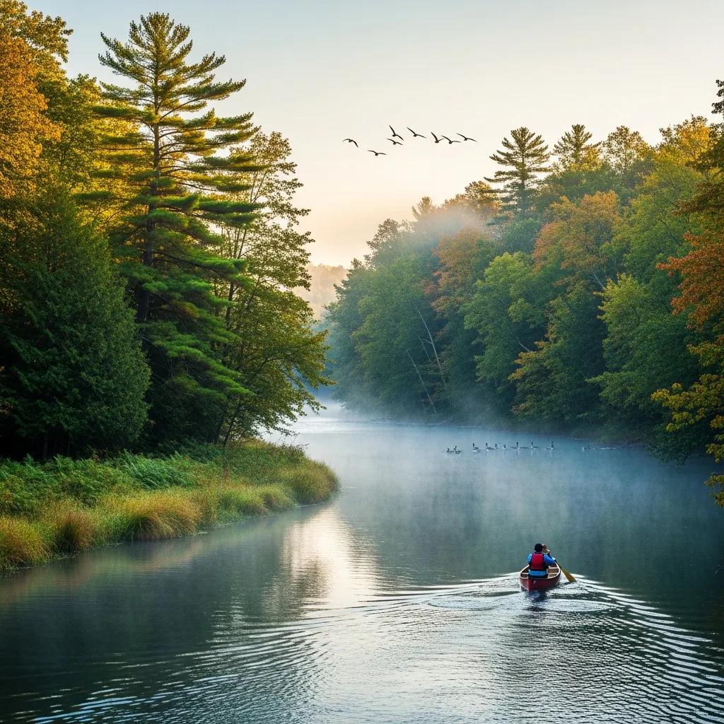 Quiet stretch of the Rifle River with a canoe, trees reflected in the water