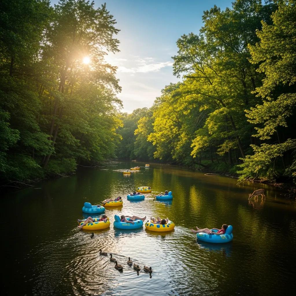 Scenic view of the Shiawassee River with floating tubes, emphasizing the natural beauty and tranquility of the area