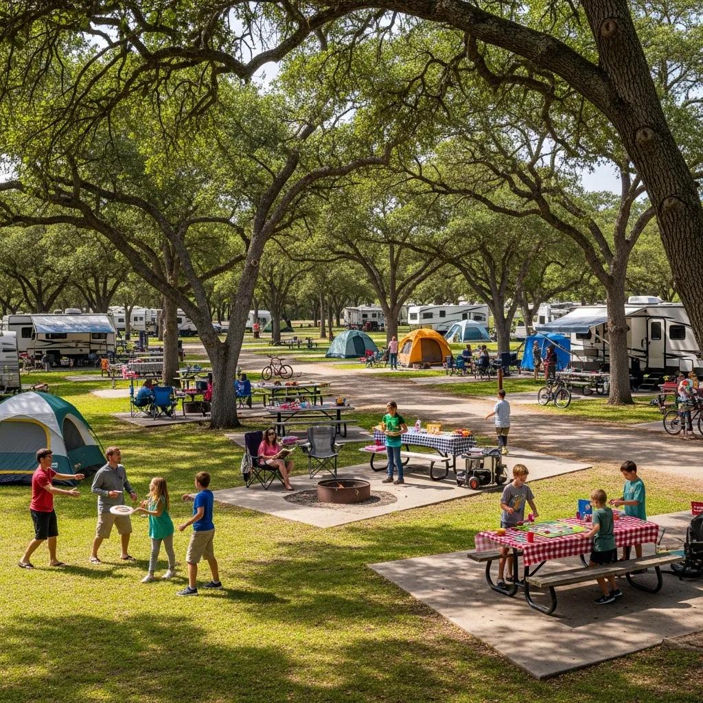 Wide, family-friendly campsites at The Oaks Campground