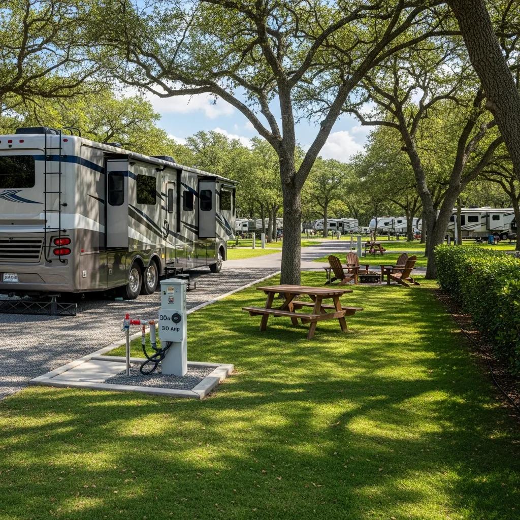 Spacious RV site at The Oaks Campground with utilities and natural surroundings