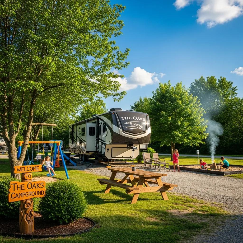 The Oaks Campground RV site with lush greenery and campers enjoying amenities